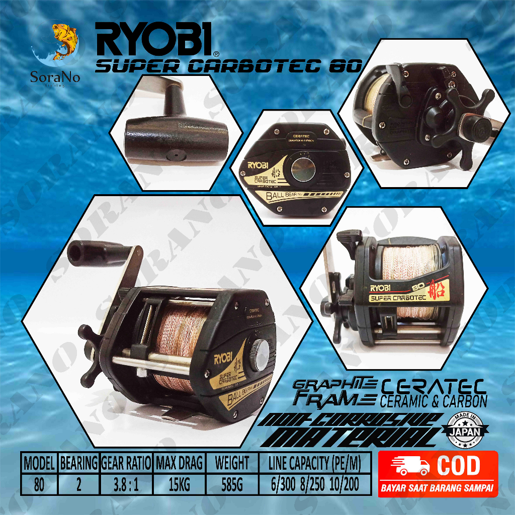 REEL SECOND | REEL PANCING TROLLING RYOBI SUPER CARBOTEC 80 | MADE IN JAPAN  | REEL TROLLING | 2 BALL BEARING | GRAPHITE BODY | CERATEC | NON CORROSIVE  ...