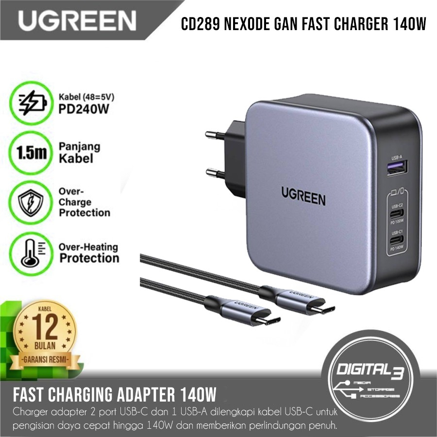 Jual Ugreen CD289 Wall Charger Adapter 140W GAN PD 3 Port USB A & C ...