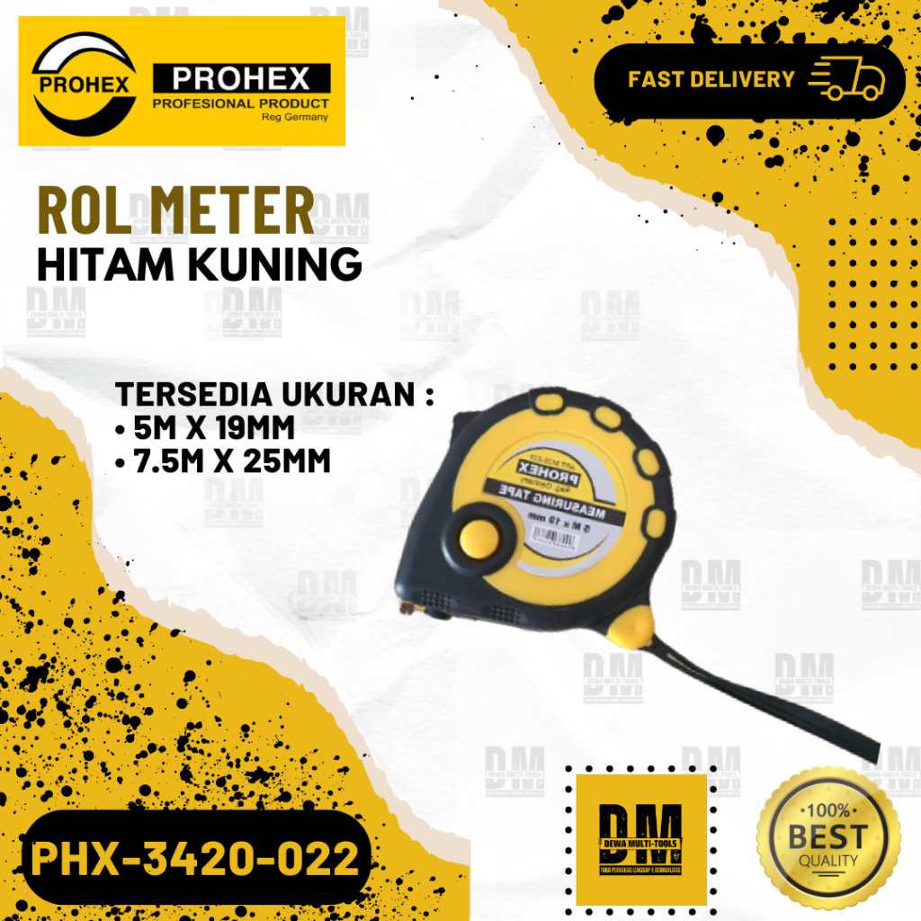 Jual Rol Meter PROHEX Meteran 5 Meter 5x19 Auto Stop Hitam Kuning Karet ...