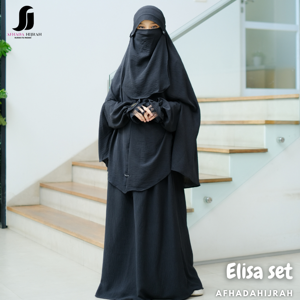 Jual Gamis Set Cadar Pita Elisa Hitam Crinkle Airflow Baju Dan Hijab