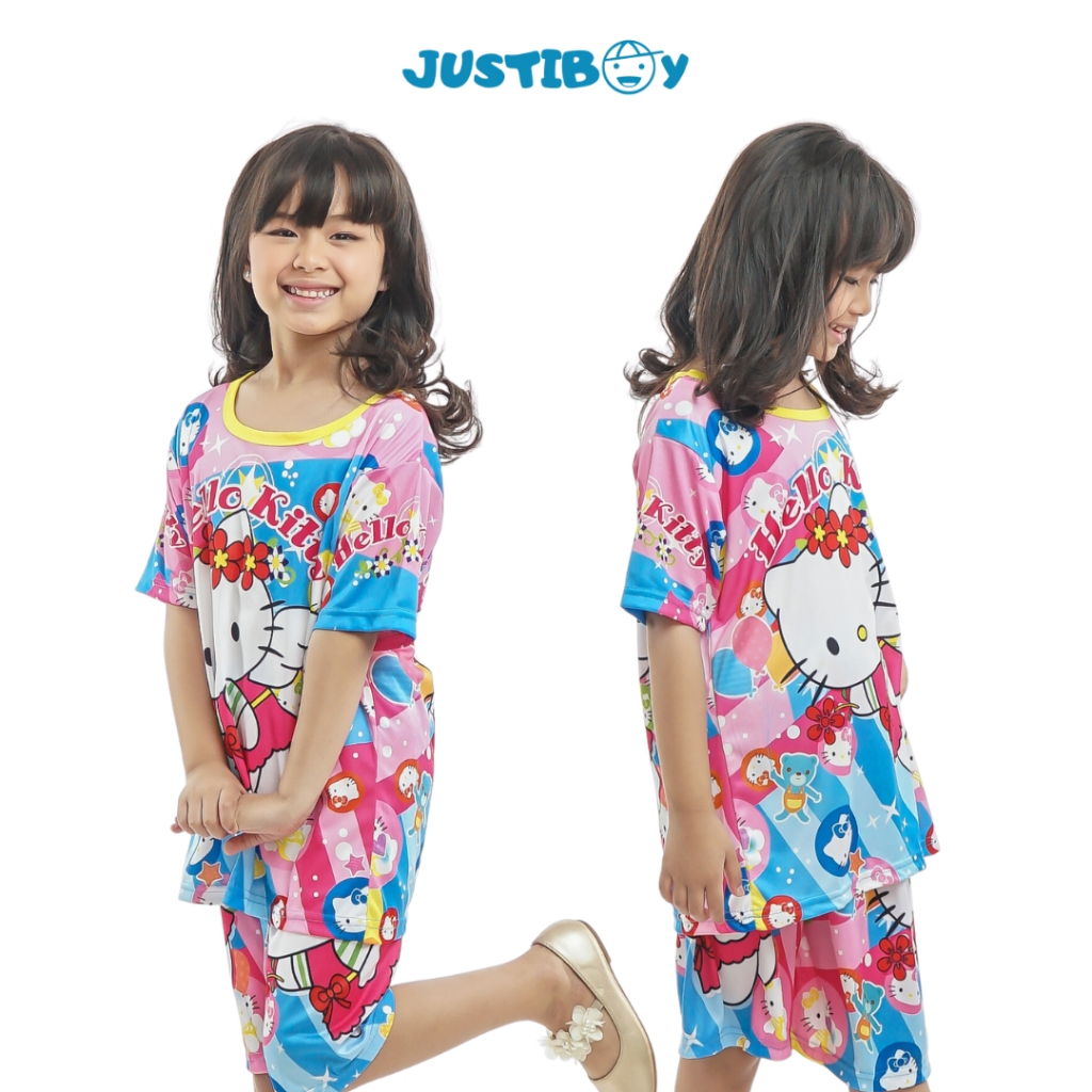 Setelan Baju Anak Perempuan Hello Kitty Lengan Pendek Full Printing Usia 2  - 10 Tahun