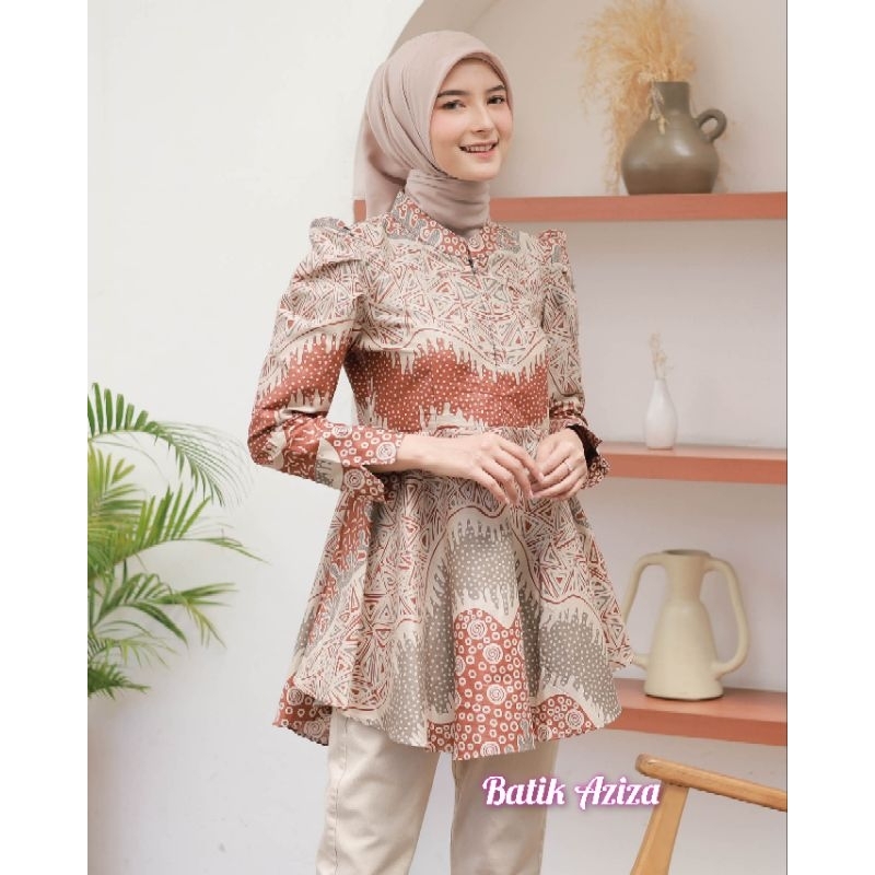 Jual PRODUK ORIGINAL KATUN Atasan Batik Wanita Blus Batik Puffy Shoulders  Model Peplum Payung Blus Maharani by Batik Aziza | Shopee Indonesia