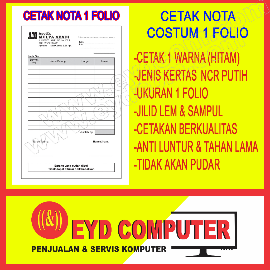 Jual Cetak Nota Ply Folio Kertas Ncr Costum Isi Tanpa Rangkap Cek