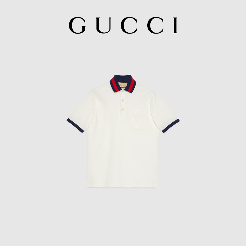 Gucci Ribbon Collar Pearl Cotton Men s Polo Shirt