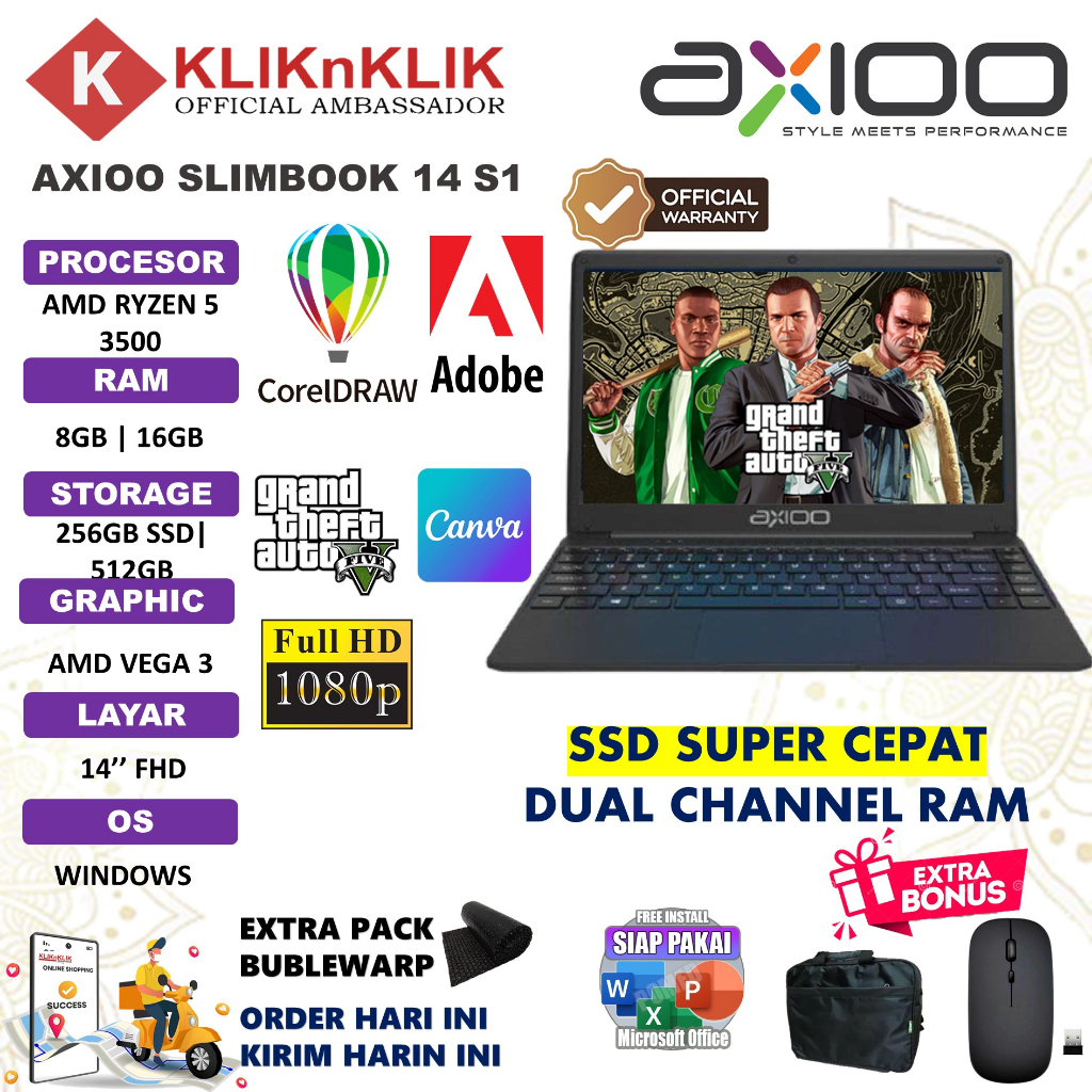 Jual Laptop Murah Axioo Slimbook 14 S1 Ryzen 5 3500u Ram 8gb 16gb 256gb