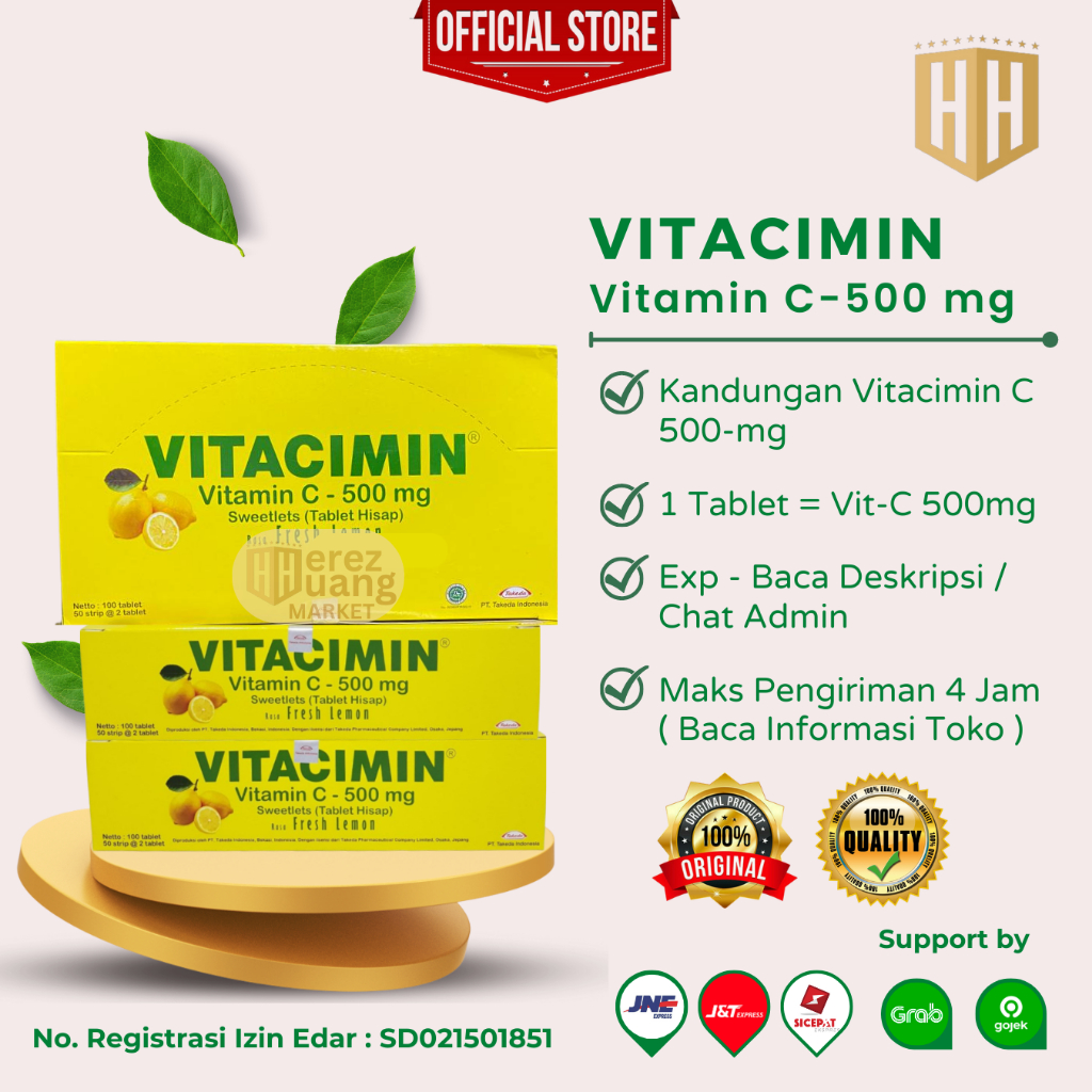 Jual VITACIMIN LEMON C500mg, Vitamin C Rasa Lemon 1 box Isi 100 tablet