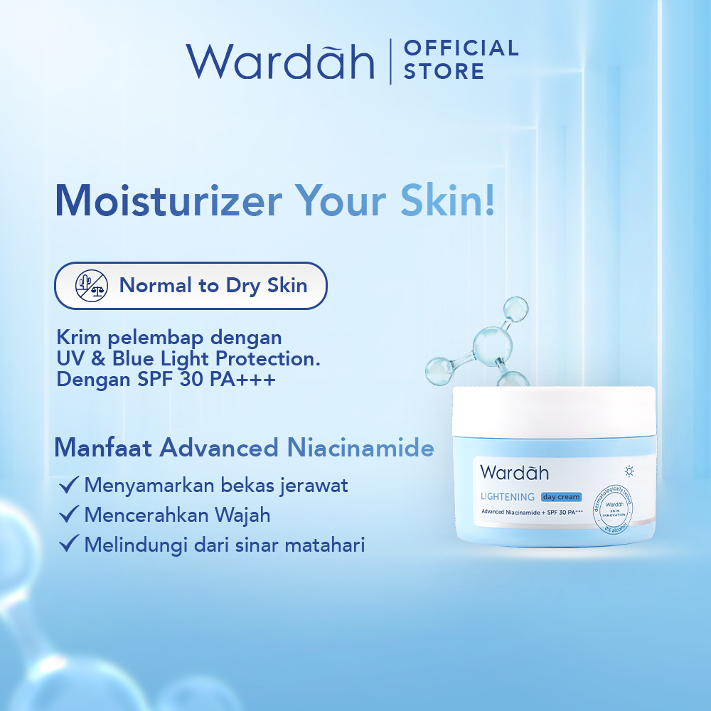 Wardah Lightening Day Cream - Krim Pagi dengan Advanced Niacinamide - Dilengkapi dengan SPF 30 PA+++ - Glowing dan Melembabkan - Untuk Kulit Kering - Tekstur ringan dan tidak lengket