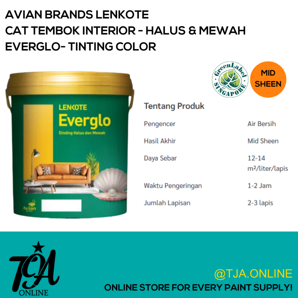 Jual Cat Tembok Interior Premium Everglo Lenkote Avian Brands Tinting Color 25 Liter Hasil 6824