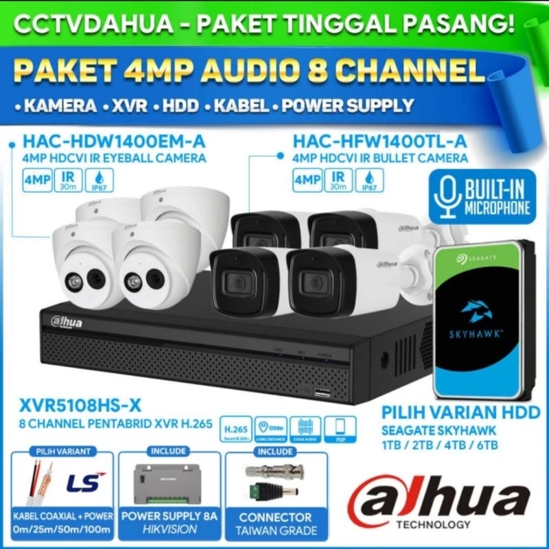 Jual PAKET CCTV DAHUA 8 CHANNEL 4MP AUDIO/ 8 KAMERA 4MP DAHUA SIAP ...