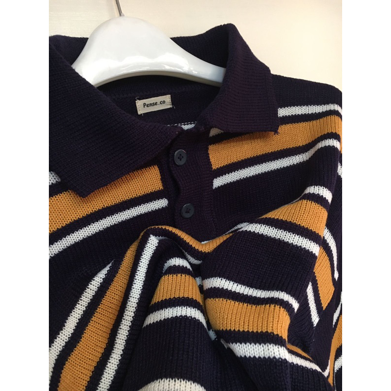 Jual Rajut Polo Kancing Striped Navy Crop | Shopee Indonesia