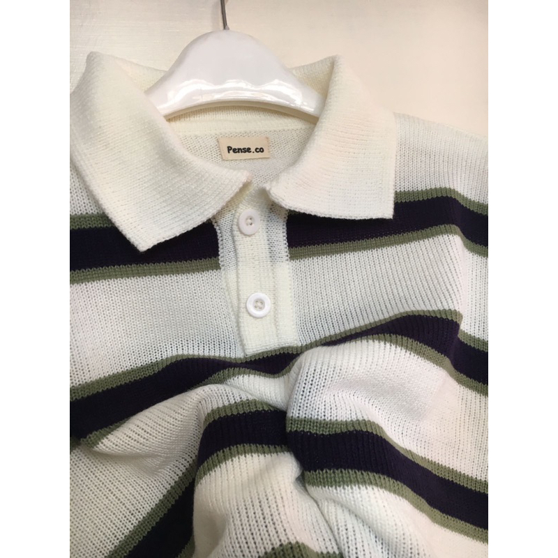 Jual Rajut Polo Kancing Striped BW Crop | Shopee Indonesia