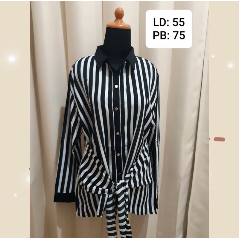 Jual Preloved Kemeja Blouse Salur Hitam Putih Ikat Pinggang Shopee Indonesia