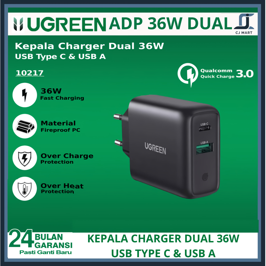 Jual UGREEN Kepala Charger Dual Port USB A USB Type C Fast Charging 36W ...