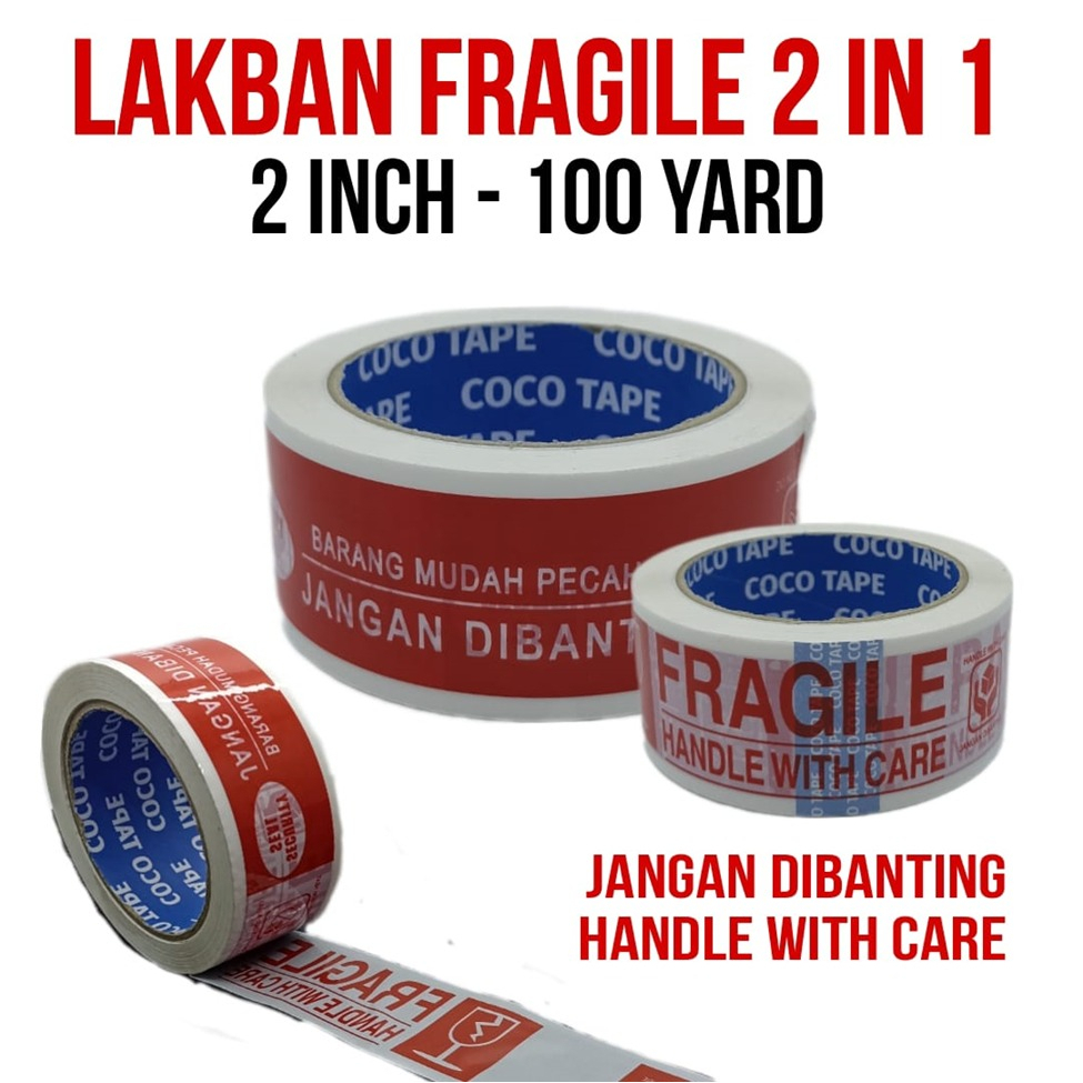 Jual Lakban Fragile Merah Putih In Unboxing Yard Inch In Mm