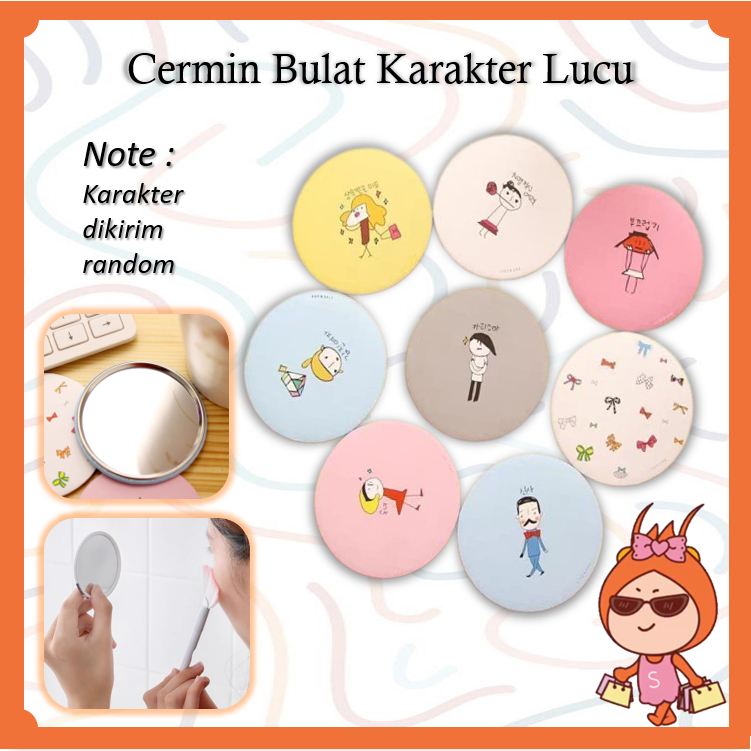 Reseller Welcome -  F498 Cermin Bulat berkarakter/ Kaca Cermin Make Up Mini/ Travelling Pack / Soviner Murah