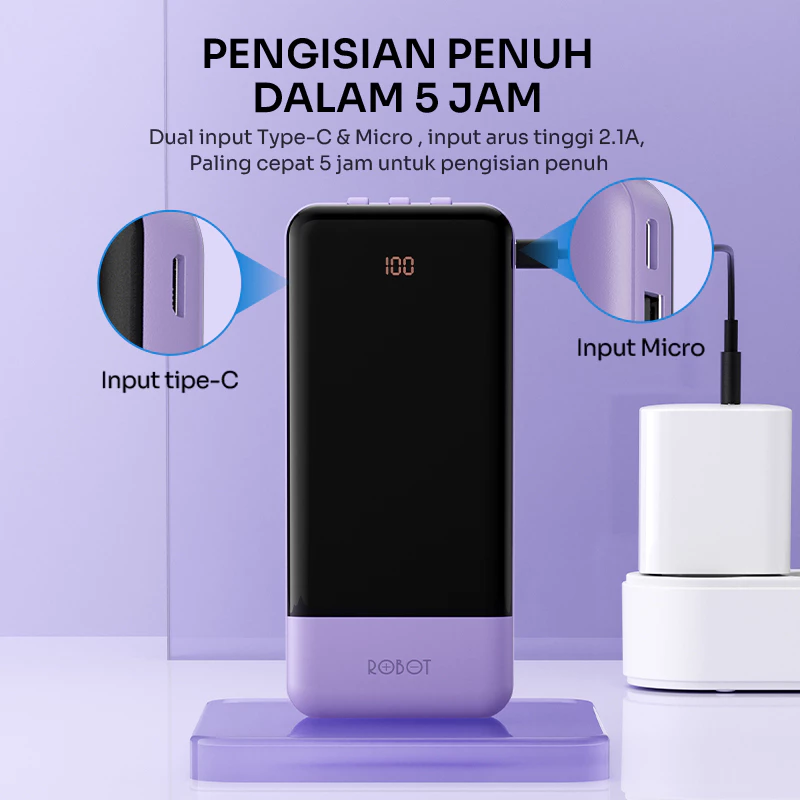 Powerbank ROBOT 10000mAH RP-101L 2.1A 3 Kabel Built-in Type C Lightning Micro Original