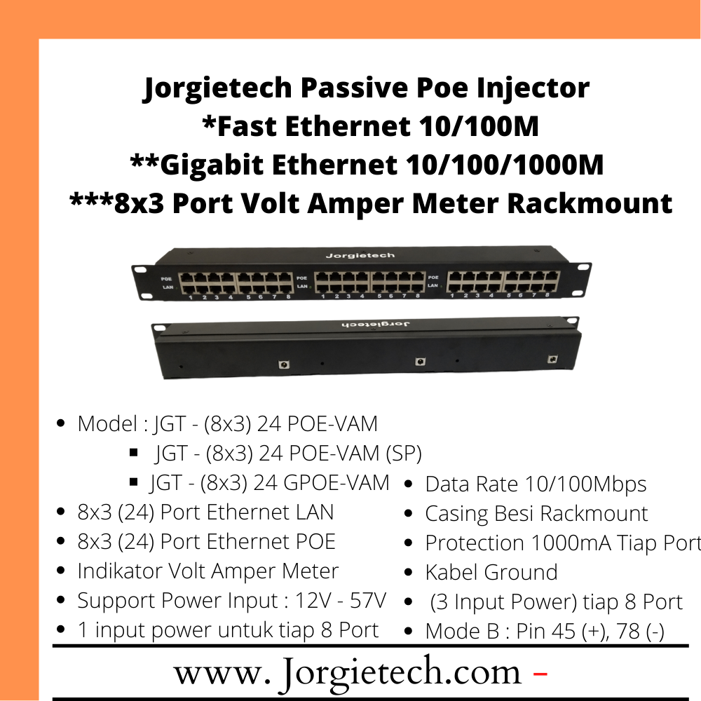 Jual Jorgietech Poe Injector Rackmount 10/100M / Gigabit Volt Amper ...