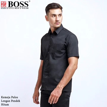 BOSS Kemeja Polos Pria Lengan Pendek Regular Fit Hitam