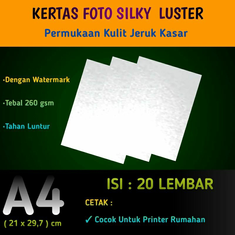 Jual Kertas Foto Silky Luster 260 GSM A4 isi 20 Lembar / Photo Paper Kulit jeruk kasar (Hard