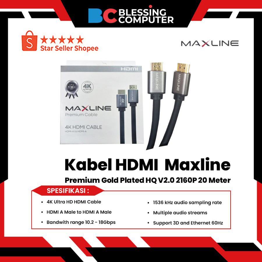 Jual Kabel HDMI Maxline Premium Gold Plated HQ V2.0 2160P 20 Meter ...