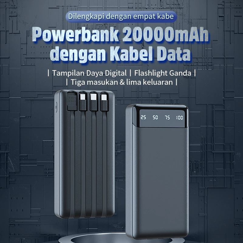 KIVEE Powerbank 20000 mah Fast Charging Mini LCD With Kabel Data lightning Type C Micro USB