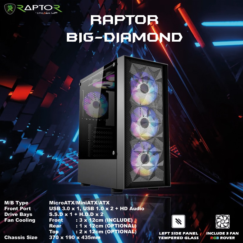 Jual Casing Gaming/PC/Office RAPTOR BIG DIAMOND - include 3 FAN RGB ...