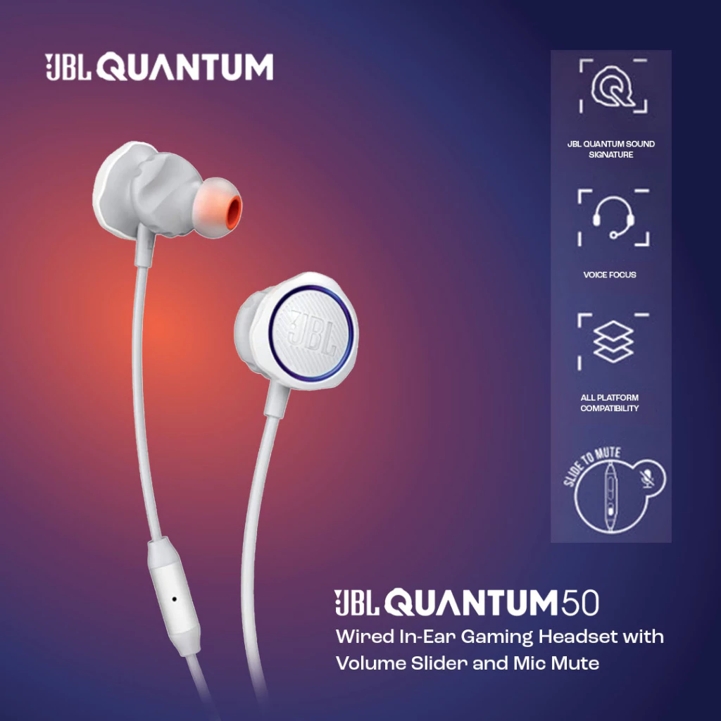 JBL Quantum 50 Wired In-Ear Gaming Headset with volume slider and mic mute - Garansi Resmi