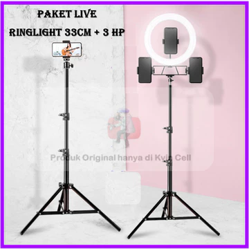 Paket Lampu Ringlight 33cm Live Streaming Dan Tripod 2.1 Meter Gratis Free 3 Holder HP Studio