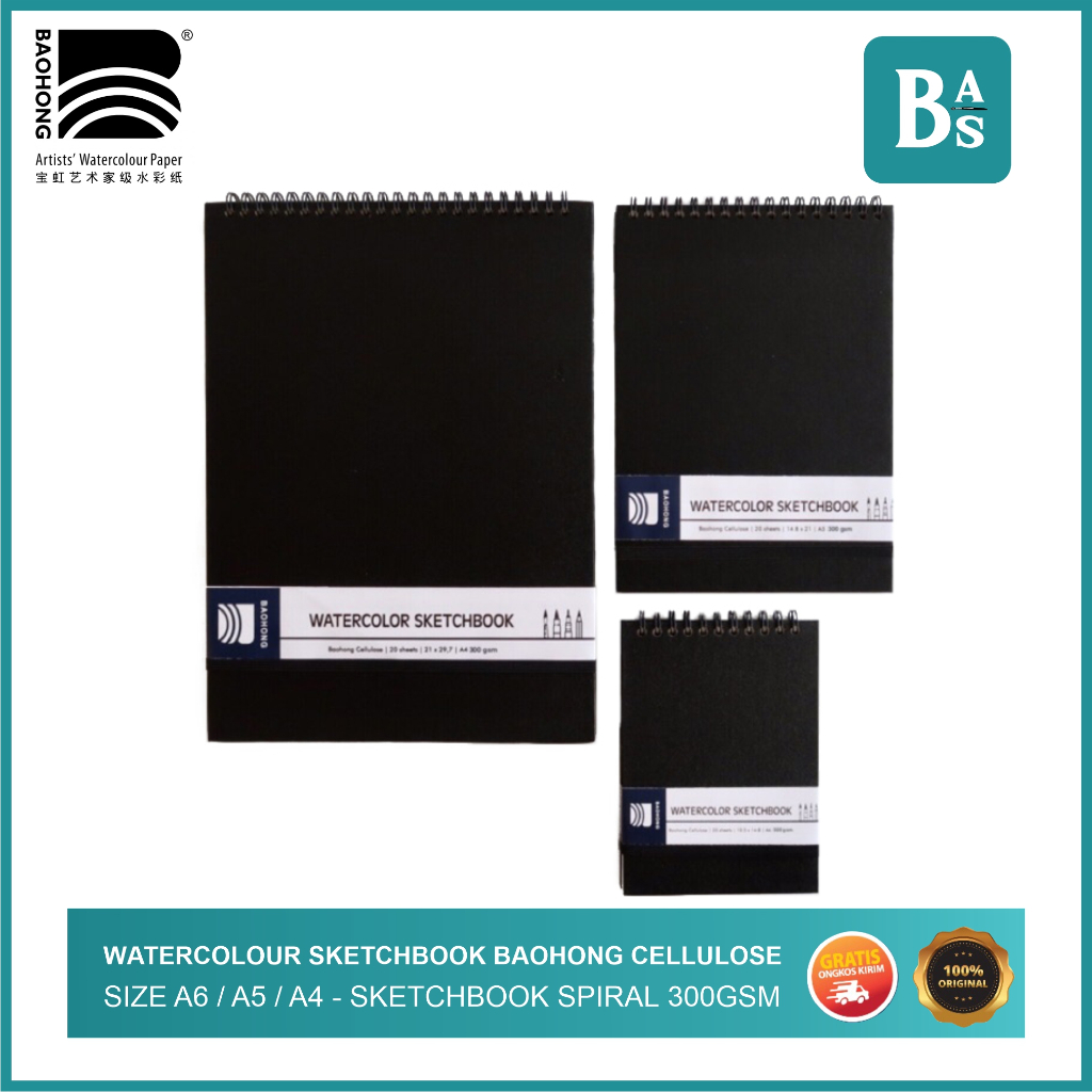 Jual Watercolour Sketchbook Baohong Cellulose 300gsm A6 / A5 / A4 Sketchbook Spiral / Buku