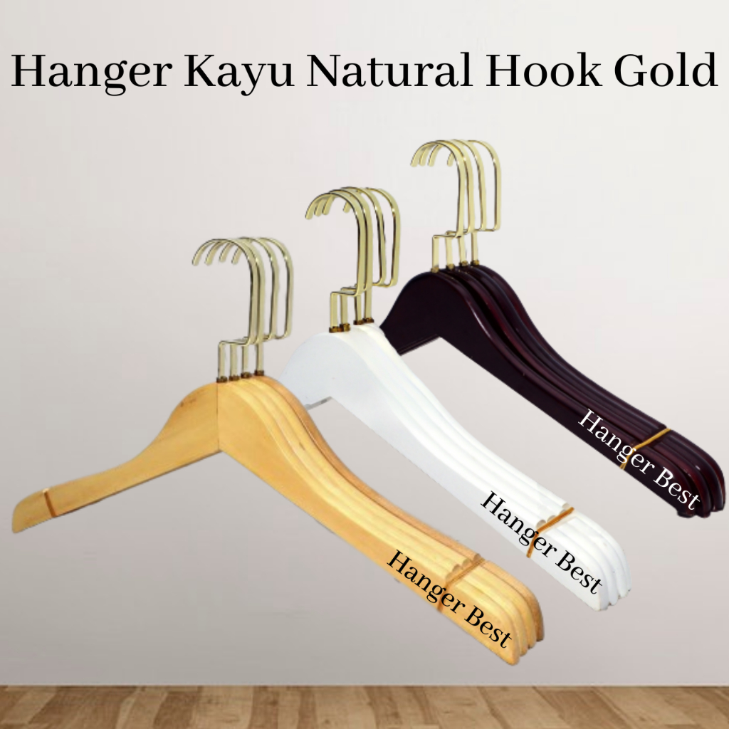 Jual Hanger Kayu Dewasa Natural Wood Gold Hook 363 Gantungan Baju