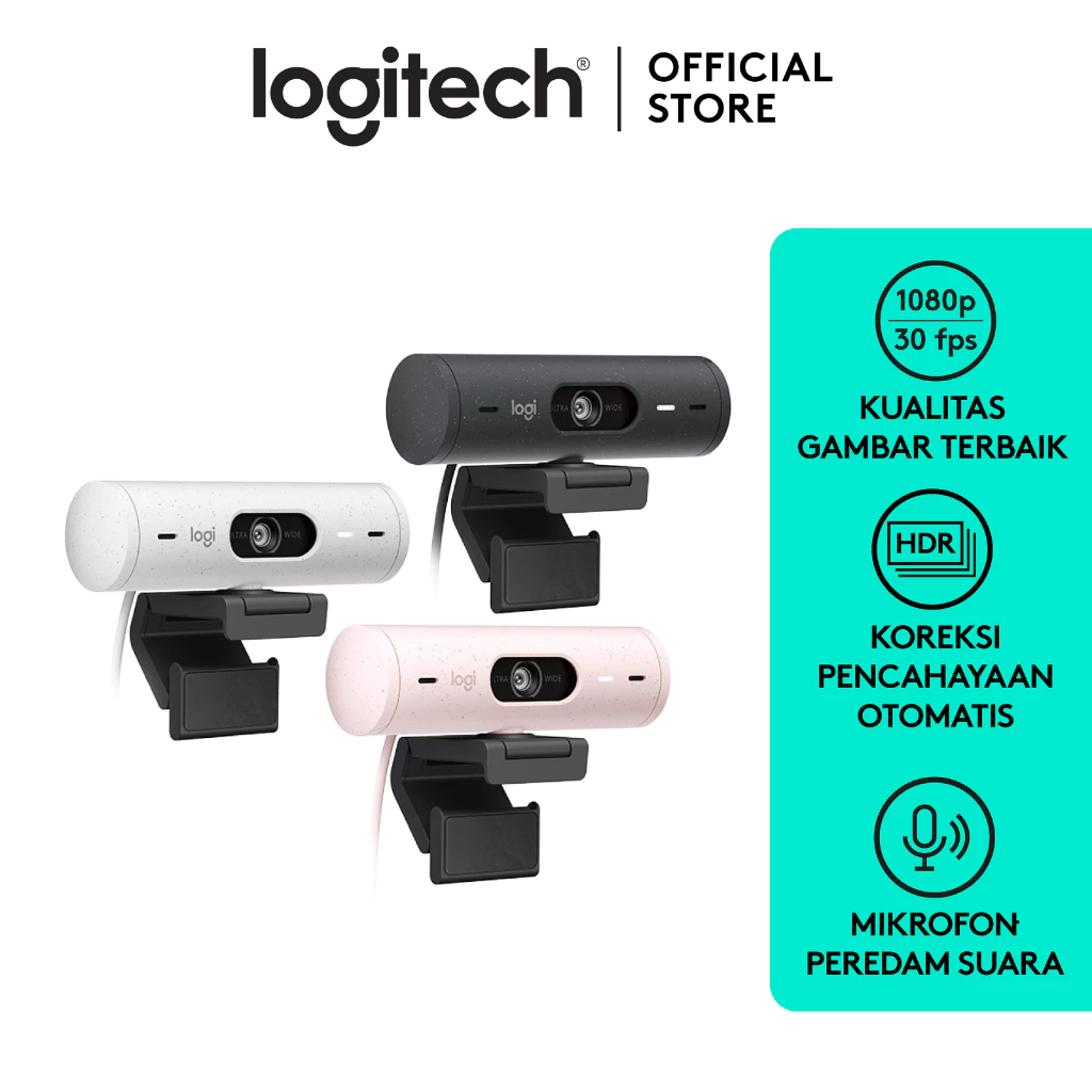 Logitech Brio 500 Webcam Full HD 1080p dengan Auto Light Correction, Show Mode, Auto Framing dan Mikrofon Dual Noise-canceling