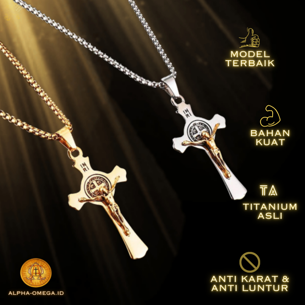 ALPHA OMEGA - Kalung Salib Pria Medali Santo Benediktus Titanium | Anti Karat 4
