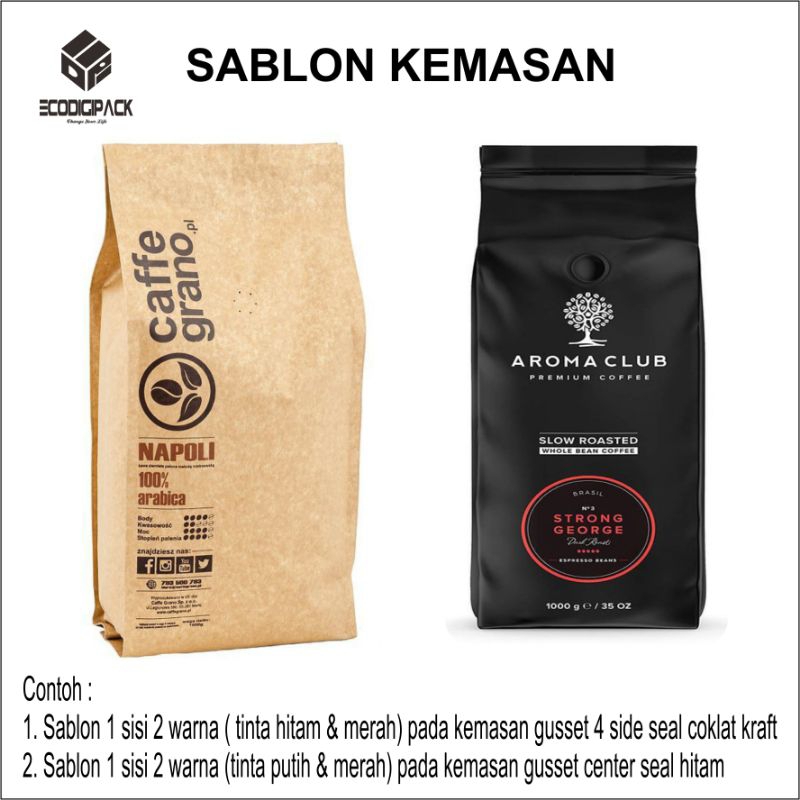 Jual Custom Sablon Cetak Kemasan Kopi Flat Bottom Gusset Standing Pouch Sachet Outer Box Drip 2163