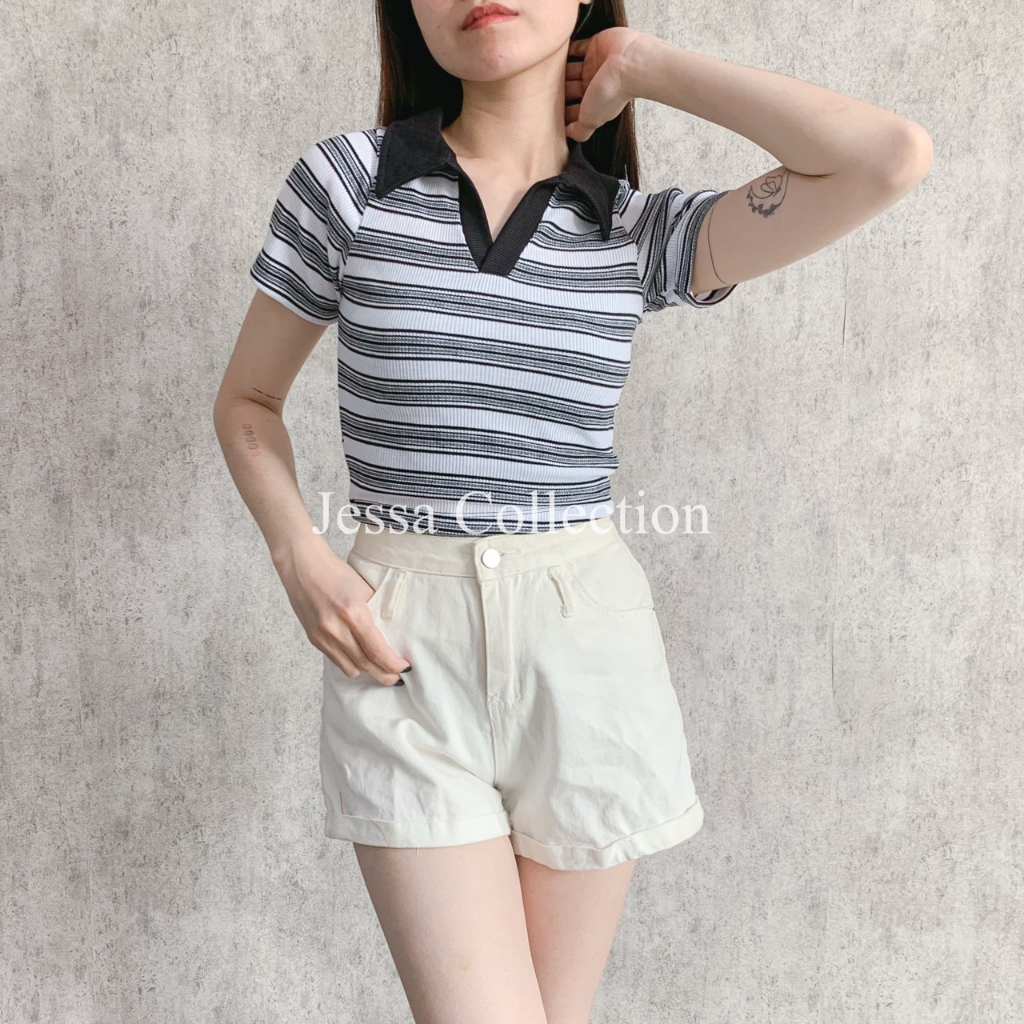 Jual Atasan Crop Kerah Stripe Blosi Fg Kaos Kerah Wanita Motif Garis Garis Crop Top Simple Bahan