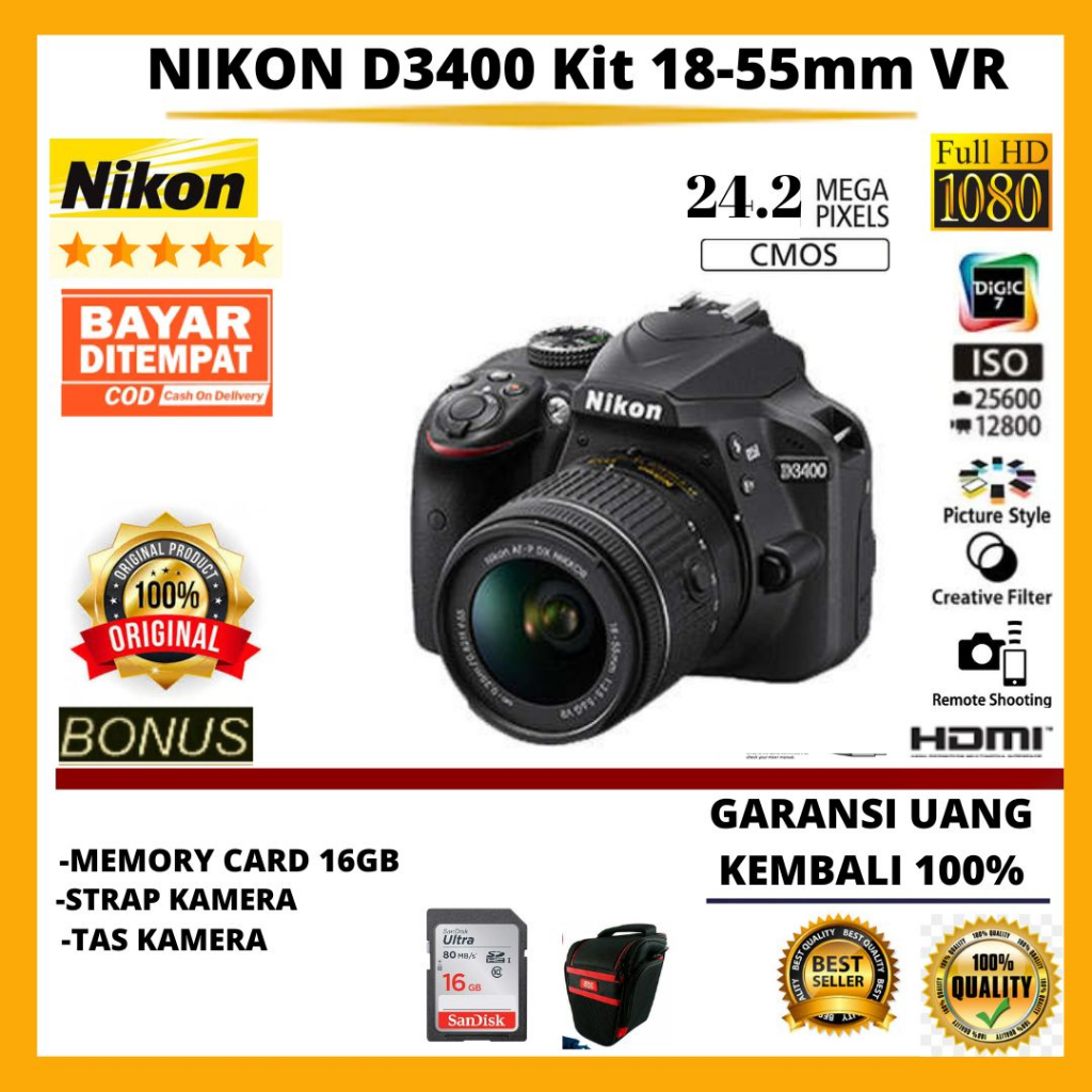 Jual NIKON D3400 kit 18-55 mm VR ll FREE ACCESORIES KAMERA | Shopee ...