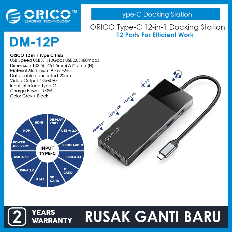 ORICO 12 in 1 Type C Hub USB-A3.1/2.0 Type C PD 100W HDMI RJ45 DP TF SD AUX - DM-12P