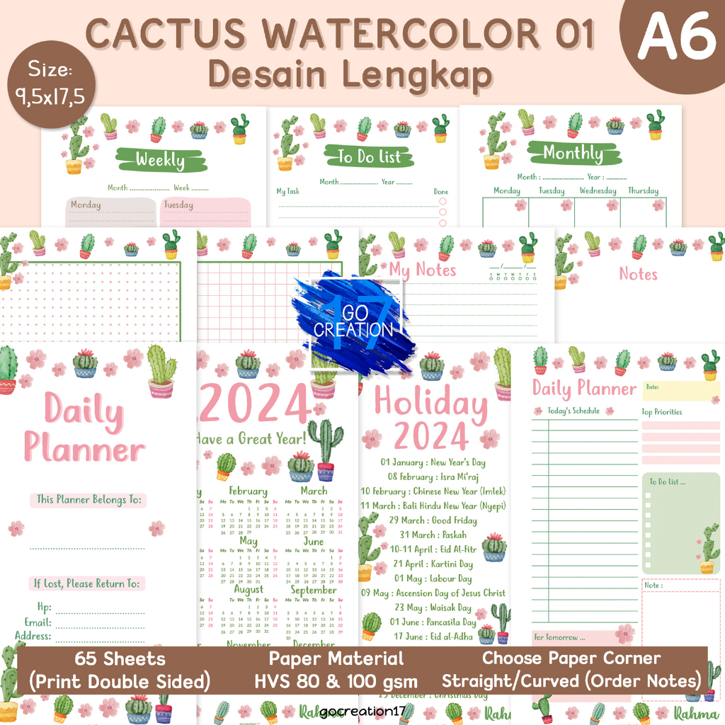 Jual Buku Planner Kertas Isi Binder Motif Cactus Watercolor 01 Set Premium 6 Ring A6 Shopee