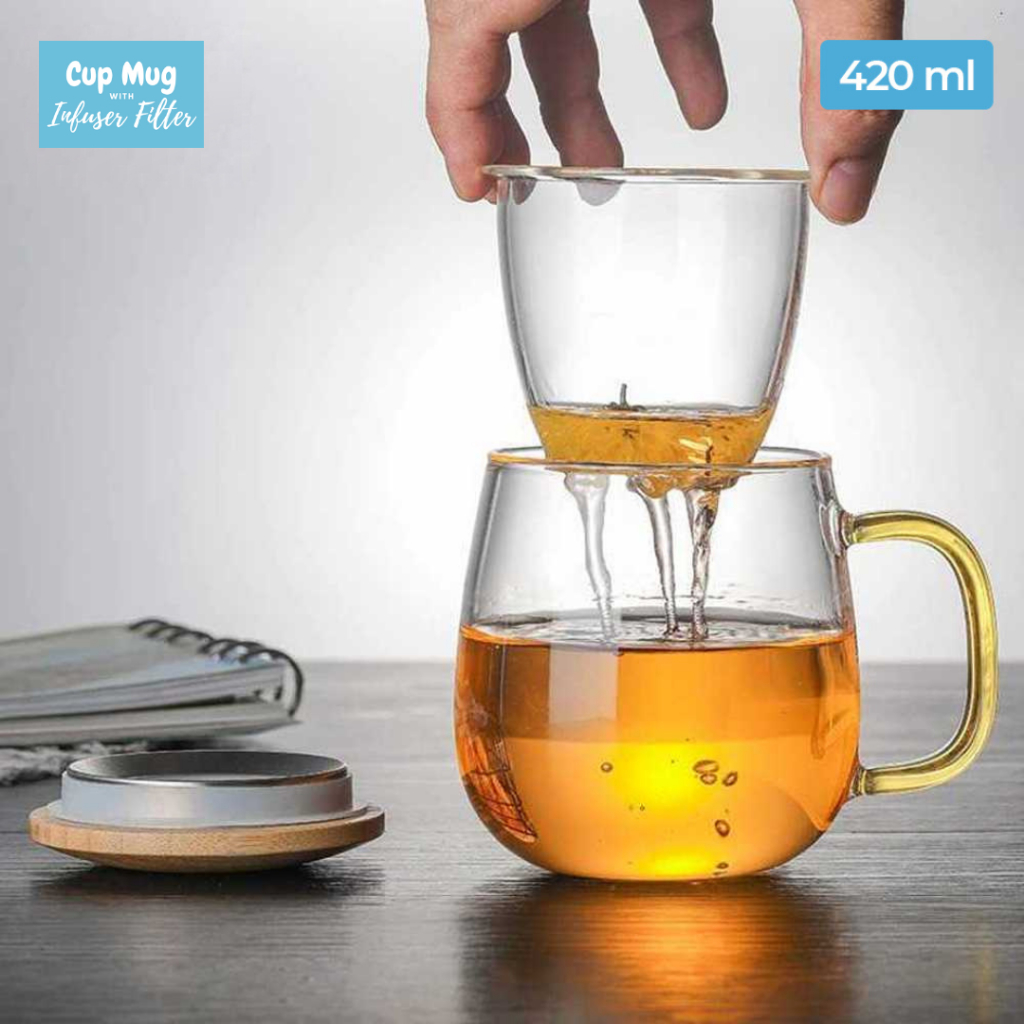 Jual Glass Infuser Teapot Gelas Teh Dengan Saringan Dan Tutup Tea Cup With Infuser And Lid 3348