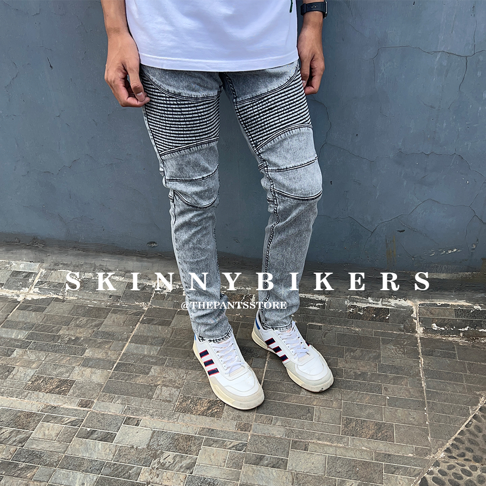 InoDenim Celana Biker Skinny Bikers Jeans Premium Original Stretch -Biker  Snow Grey