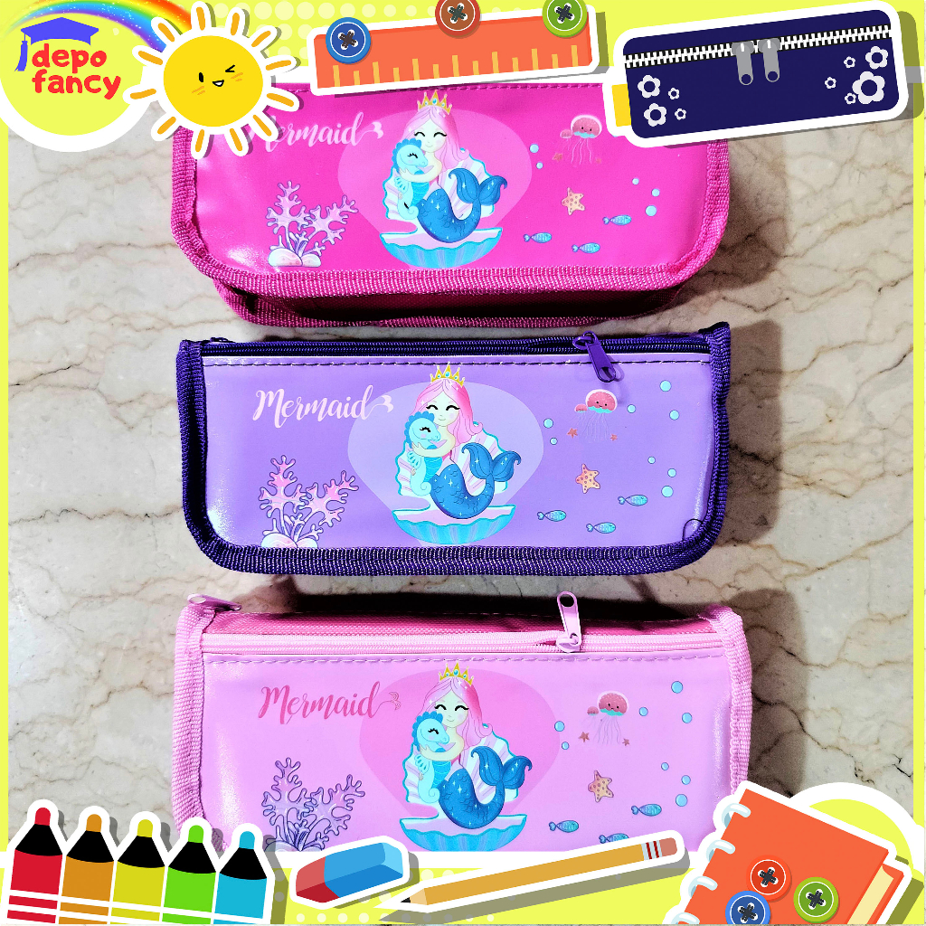 Jual Kotak Pensil Kain 2 Resleting 5286 Mermaid Pencil Case Boks Pensil Box Pen Tepak 7120