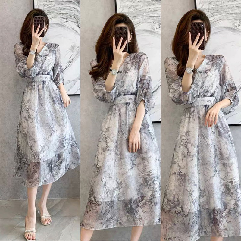 Jual D1321 Neal Korean Style Floral Tie Dye Vintage Midi Dress Pantai Santai Simple Retro Casual 