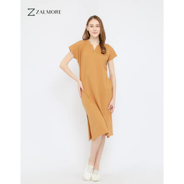 Zalmore Vneck Loose Midi Dress With Slit LUMA Cotton™ Premium Dress Wanita Lembut Ringan Sejuk