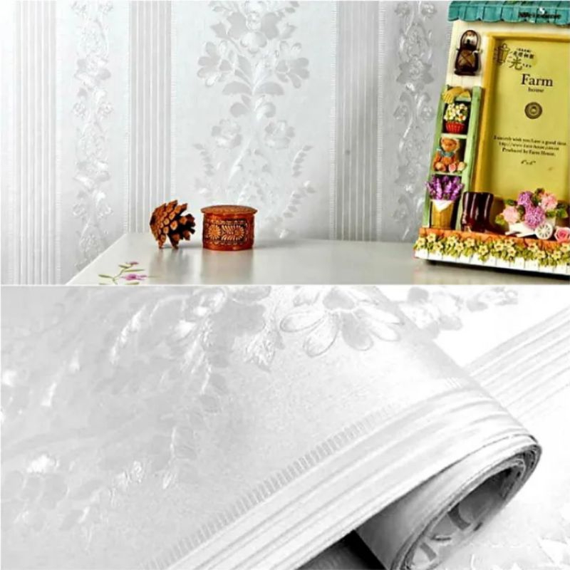 Jual Wallpaper Sticker Dinding Putih Polos Bertekstur Salur Batik Mewah