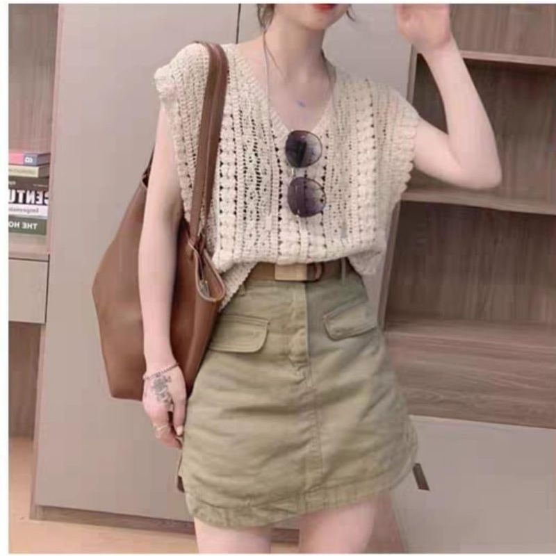 Jual 42110 Atasan baju blus blouse lengan pendek jaring leher vineck ...