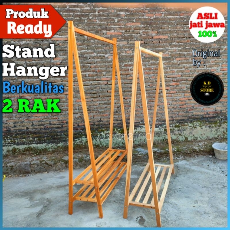 Jual Stand Hanger Gantungan Baju Kayu Jati Jawa Doubel Rak Serbaguna Rak Susun Premium Rak Baju 8407