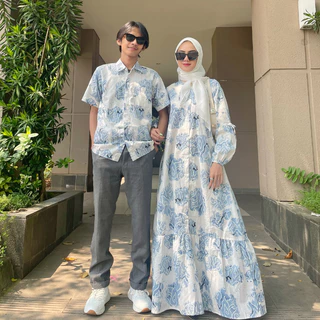 BATIK TRUSMI Set Couple Lebaran Dress dan Kemeja Batik Motif Mega Mendung Bumi Pita Biru