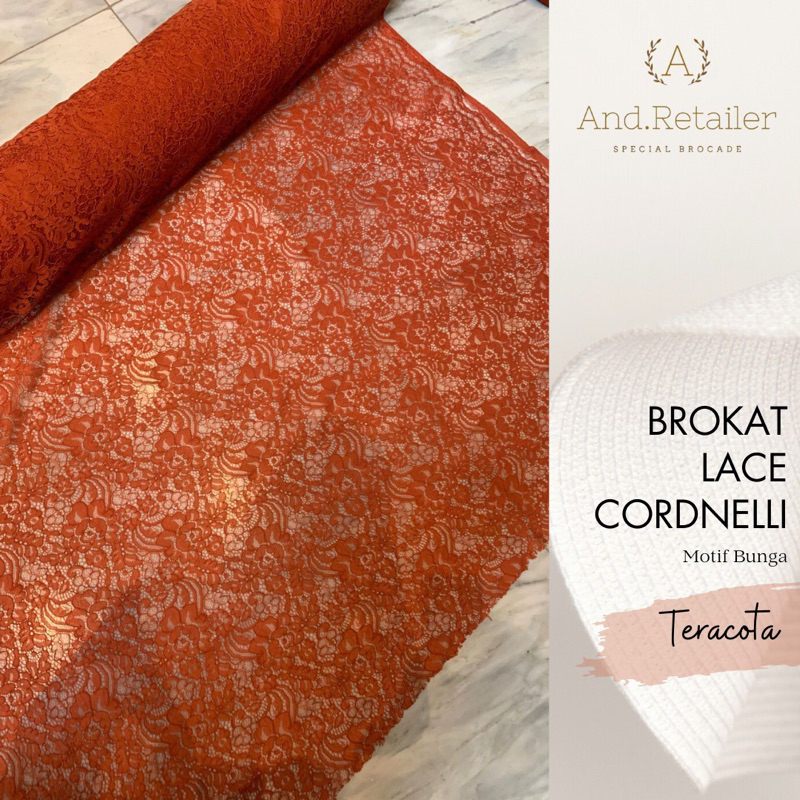 Jual Bahan Brokat Cordnelly Katun Motif Bunga Warna Teracotta Bata