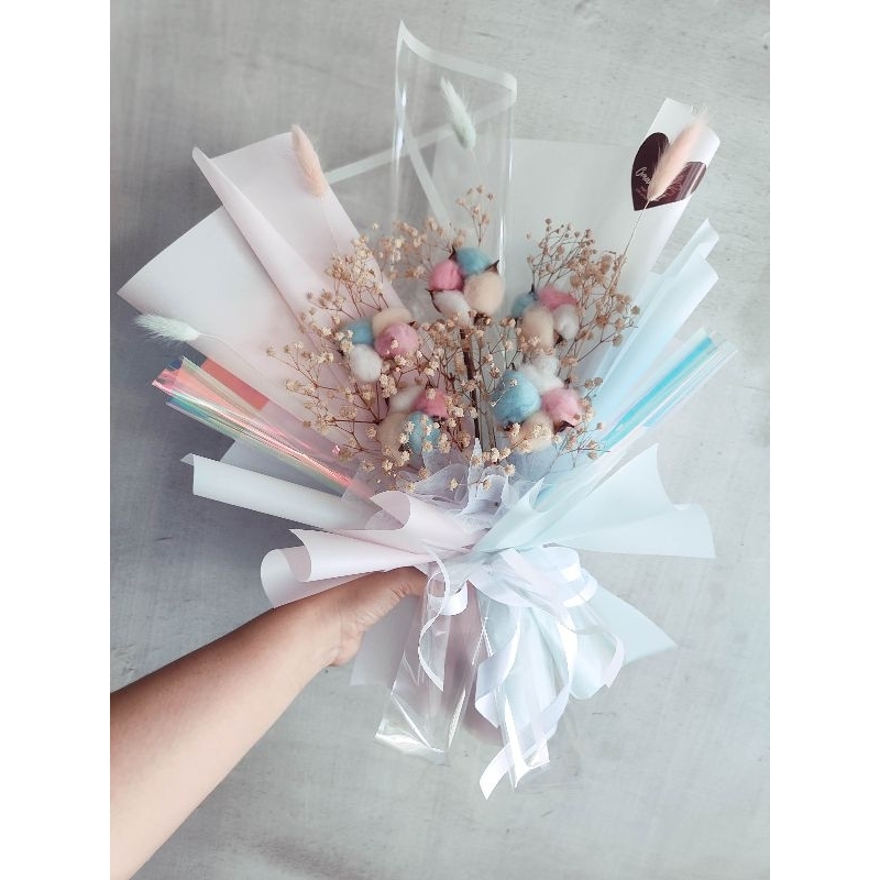 Jual buket bunga wisuda, baby breath preserved mixed bunga kapas