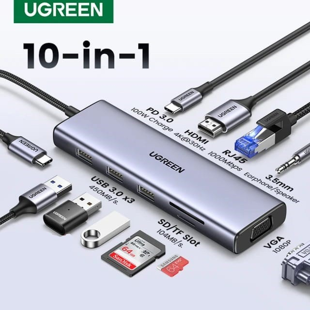 Jual UGREEN HUB 10 in 1 Type-C to USB3.0 HDMI VGA RJ45 Audio PD SD TF ...