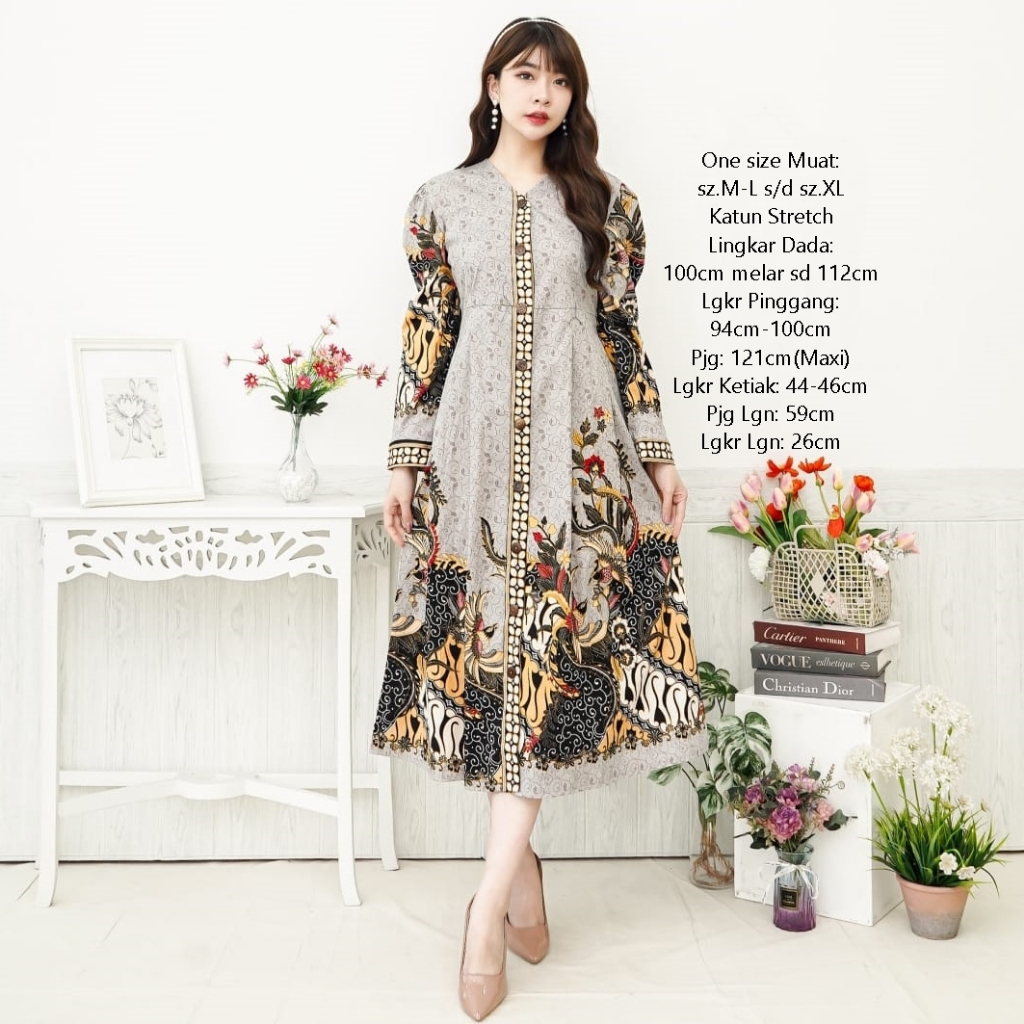 Jual Midi Dress Batik Wanita Gaun Terusan Lengan Panjang Batik Modern Full  Kancing Depan Busui Katun Stretch Adem | Shopee Indonesia